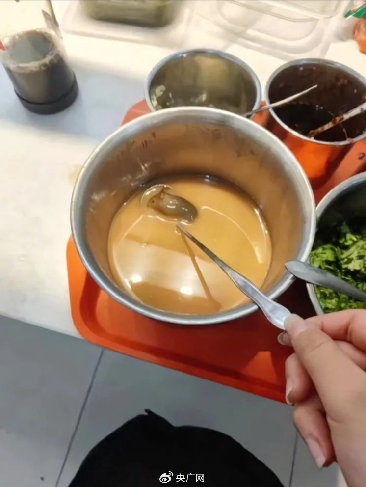 江蘇揚州江海職業技術學院學生餐廳自助醬料區的麻醬盆中撈到一隻老鼠。。取自央廣網微博