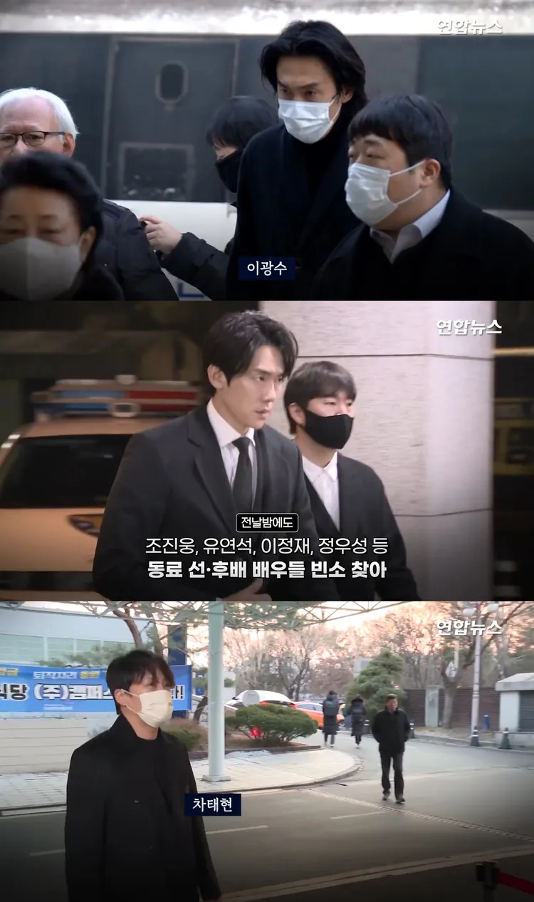 李光洙（上圖）、柳演錫、車太鉉到靈堂致意。翻攝韓聯社