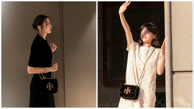 方志友（左）與陳姸霏（右）同樣選搭Eleanor小號天鵝絨包。品牌提供