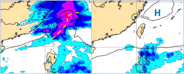 最新(1日20時)歐洲(ECMWF)模式，模擬4日20時地面氣壓及降水圖顯示，鋒面快速掠過，中部以北降雨明顯，南部的降雨機率？得再觀察(左圖)。模擬7日20時地面氣壓及降水圖則顯示，「大陸高壓」籠罩，各地晴朗穩定(右圖)。取自氣象應用推廣基金會