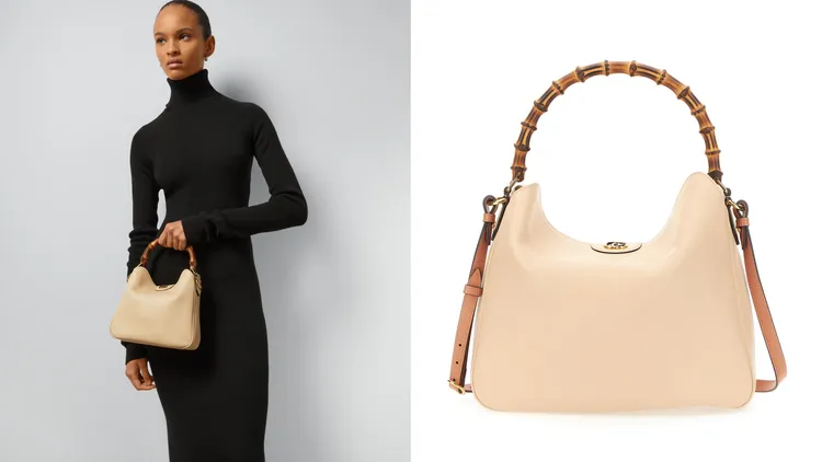 GUCCI柔和桃色手袋，9萬6700元。左圖翻攝官網、右圖品牌提供