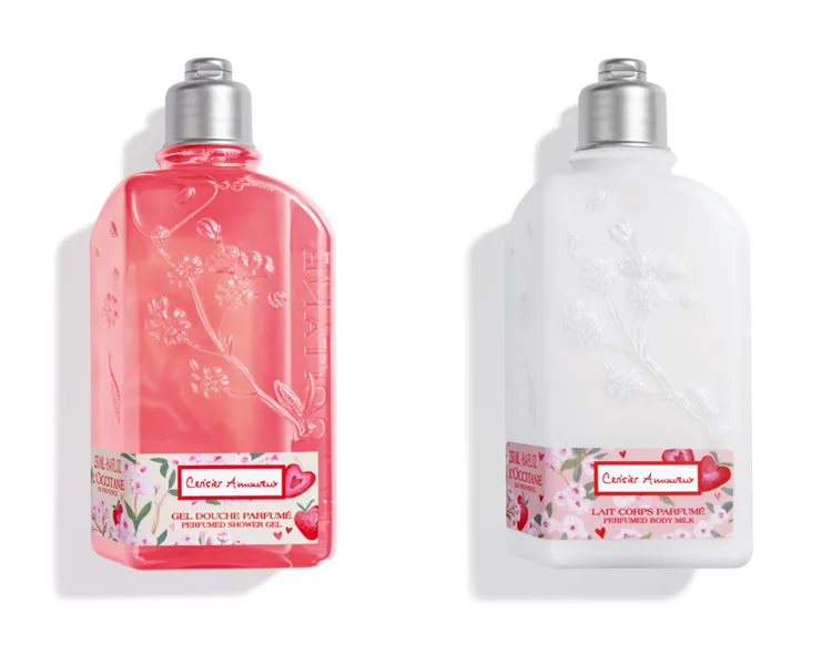 歐舒丹草莓櫻花沐浴膠（左圖）250ml／880元、草莓櫻花美體乳（右圖）250ml／1280元。品牌提供