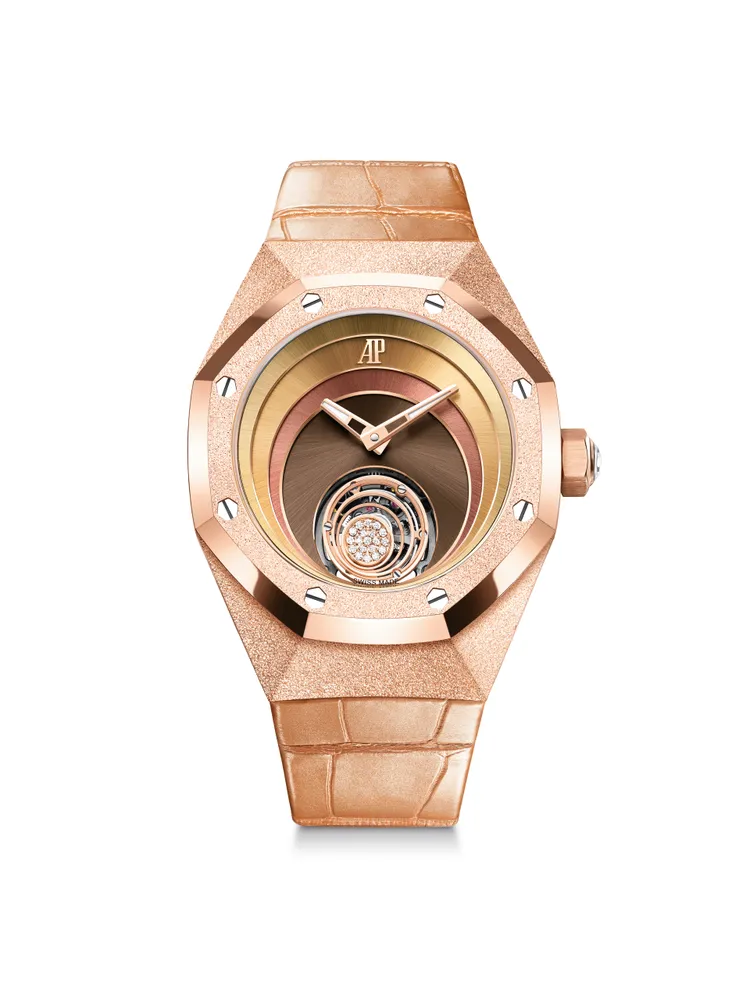 AP Royal Oak Concept皇家橡樹概念系列飛行陀飛輪Tamara Ralph限量版腕錶，38.5mm，18K玫瑰金錶殼，漸變色調太陽紋緞面多層次錶面，古銅色大方格鱗紋珠光鱷魚皮錶帶，2964手動上鍊機芯，動力儲存72小時，防水深度20米，限量102只。品牌提供