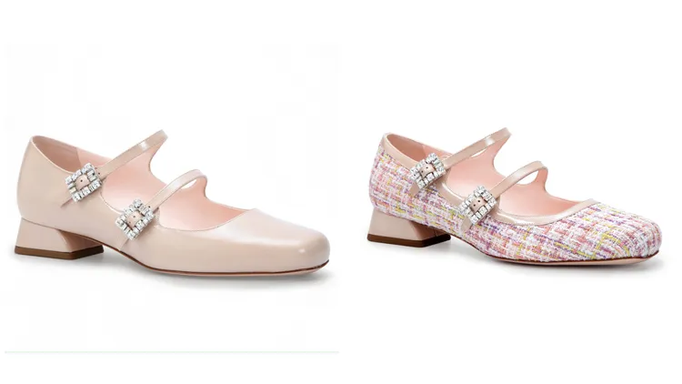 台灣限定款Trés Vivier牛奶糖色（左）、櫻花粉毛呢（右）瑪莉珍鞋，各5萬1000元。品牌提供
