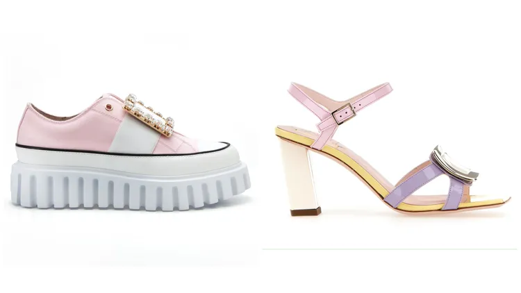 Candy Clouds限定Viv' Go-Thick粉色帆布白色小羊皮黑邊鑽扣休閒鞋（左）5萬6000元、Belle Vivier撞色淡金扣高跟涼鞋（右）3萬8600元。品牌提供