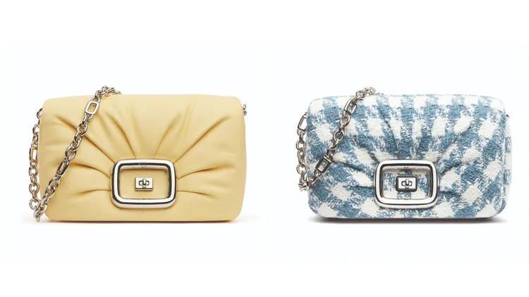 Viv Choc奶油黃泡芙包（左）、天空藍千鳥格泡芙包（右），各14萬3000元。品牌提供