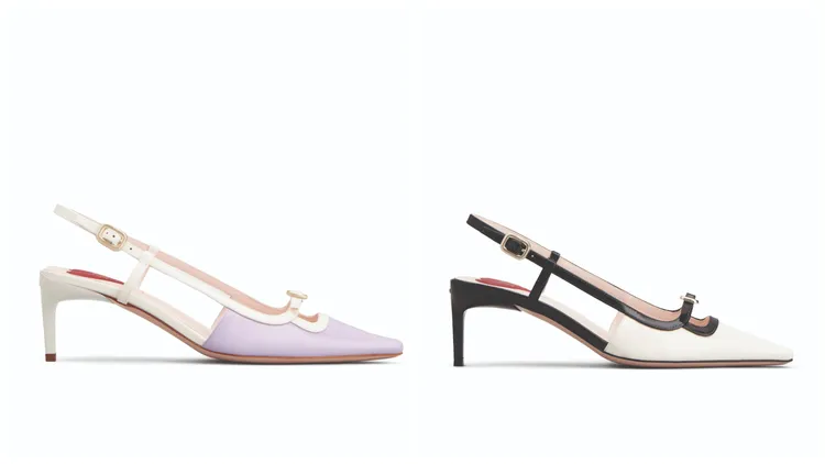 Viv Canard紫色漆皮低跟鞋（左）、黑白漆皮低跟鞋（右），各3萬9600元。品牌提供
