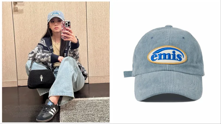 Jisoo配戴emis燈芯絨棒球帽。左圖翻攝Jisoo IG、右圖品牌提供
