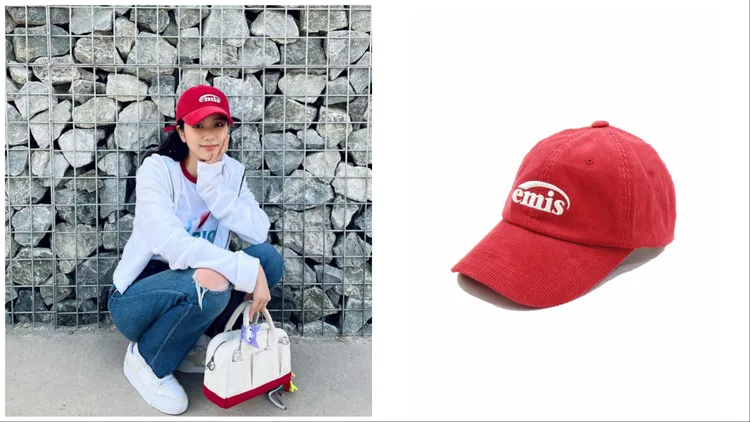 Jisoo配戴emis紅色棒球帽。左圖翻攝Jisoo IG、右圖品牌提供