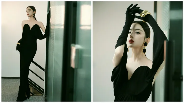 古力娜扎選穿Saint Laurent 2023早秋系列黑色深V垂墜長洋裝。翻攝古力娜扎工作室微博