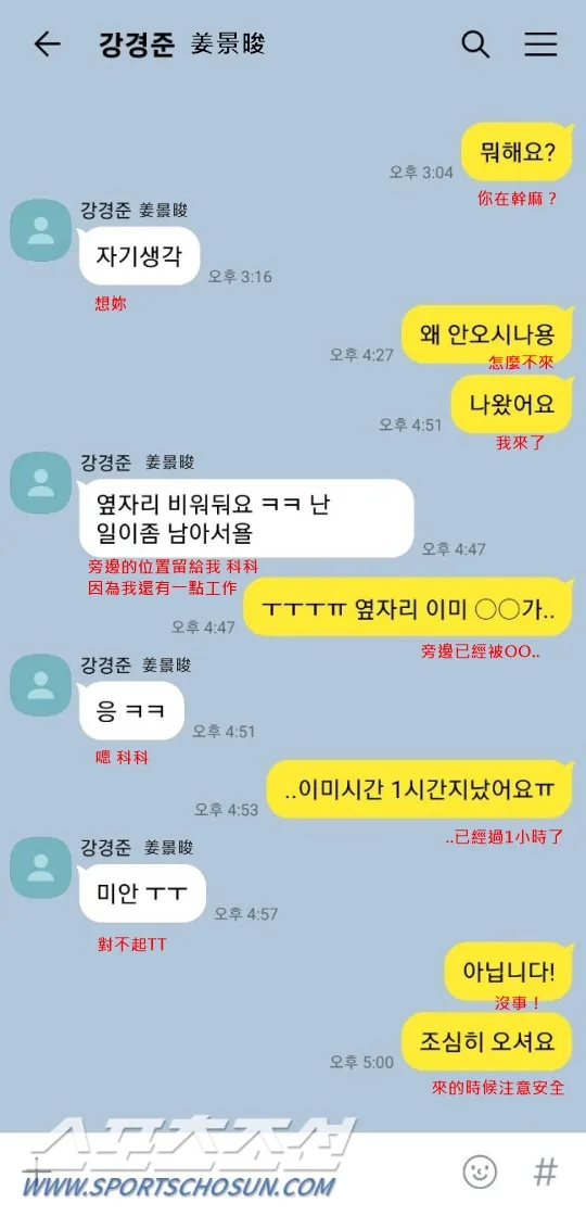 韓媒公開姜景晙與人妻A女的對話紀錄，內容宛如熱戀中的情侶。翻攝朝鮮體育／《壹蘋新聞網》翻譯