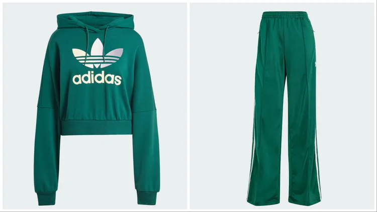 綠色運動帽T（左）2690元、綠色運動長褲（右）2490元。品牌提供