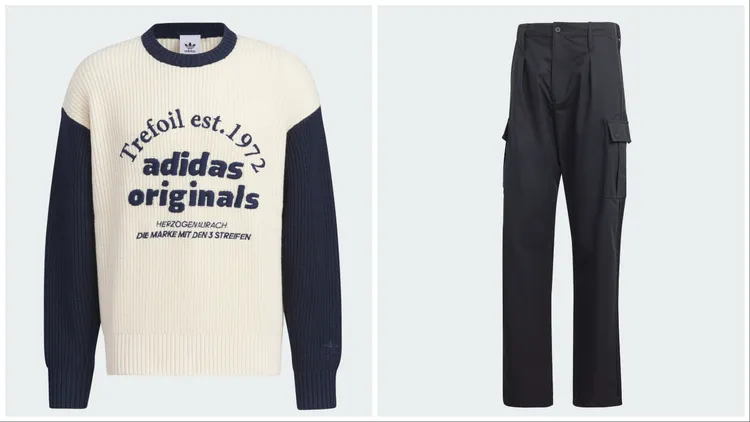 學院風針織毛衣（左）3690元、黑色工裝長褲（右）3690元。品牌提供
