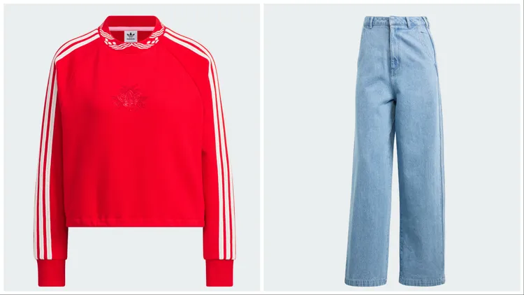 中式雲紋圖騰的亮紅色上衣（左）3090元、牛仔長褲（右）3890元。品牌提供