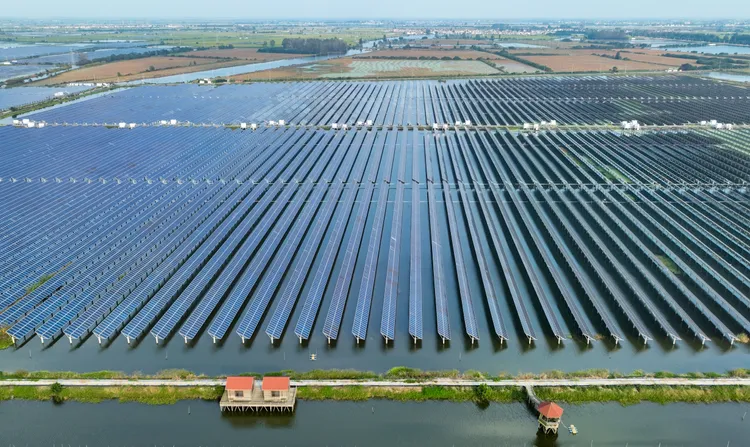 江蘇興化太陽能發電，號稱「板上發電、板間養殖」的農光互補新格局。新華社