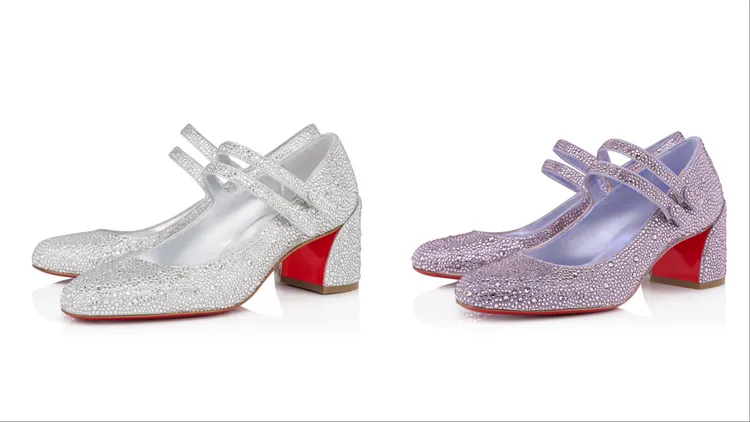 Miss Jane Strass水晶粗跟高跟鞋銀（左）、煙灰紫（右），各10萬7100元。品牌提供