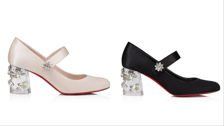 Queenie Heel Jane緞面水晶裝飾粗跟高跟鞋粉（左）、黑（右），各5萬1300元。品牌提供