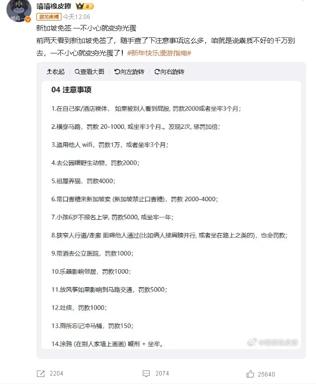 微博網友整理出可能在新加坡被罰的違法行為。