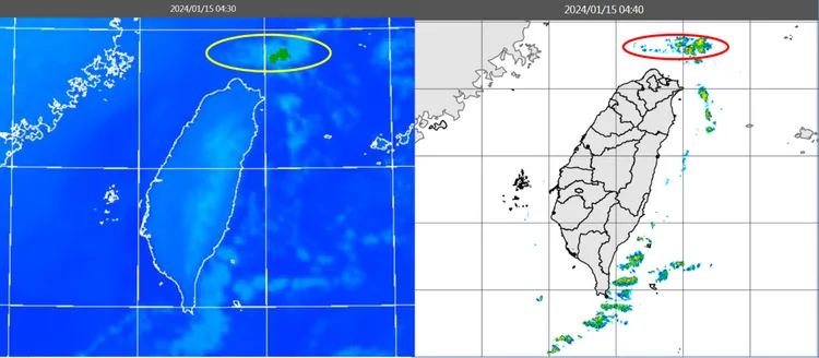 今(15日)晨4：30紅外線色調強化雲圖顯示，各地晴朗無雲，北部海面黃框內為東北風前緣雲層(左圖)。4：40雷達回波合成圖顯示，陸地無降水回波，紅框內為東北風前緣回波(右圖)。取自氣象應用推廣基金會