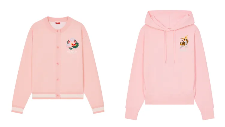 CNY限定龍繡綵云蜜粉色針織圓領開襟衫（左）2萬1800元、CNY限定龍繡綵云蜜粉色連帽上衣（右）1萬8800元。品牌提供