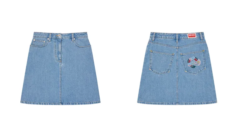 CNY限定龍繡綵云石洗藍丹寧短裙，1萬6800元。品牌提供