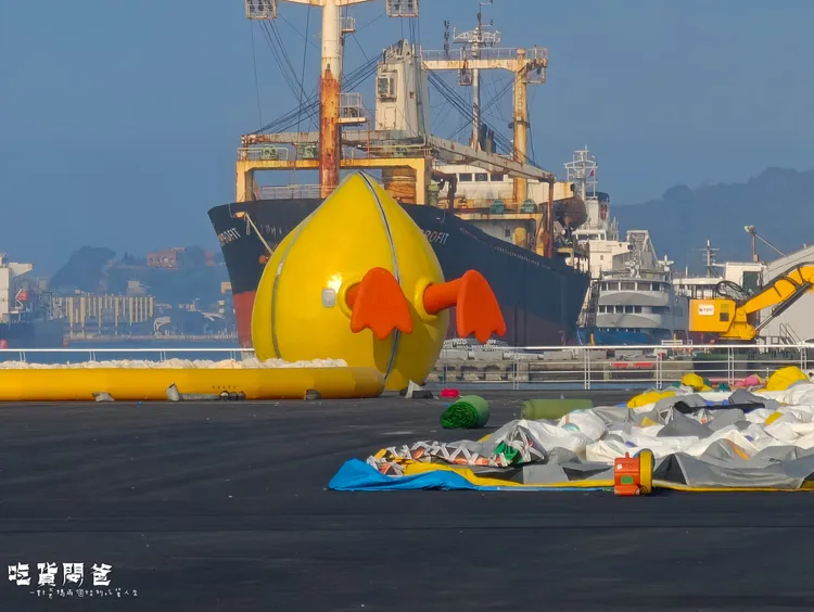 部落客「吃貨閔爸」直擊黃色小鴨下水前先跌進水裡，一雙鴨腳高掛岸上。翻攝《一對爸媽兩個娃的吃貨人生》粉絲頁