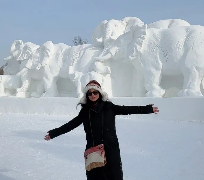 趙薇在雪雕前拍照全身包緊緊。翻攝君君的旅行日記微博