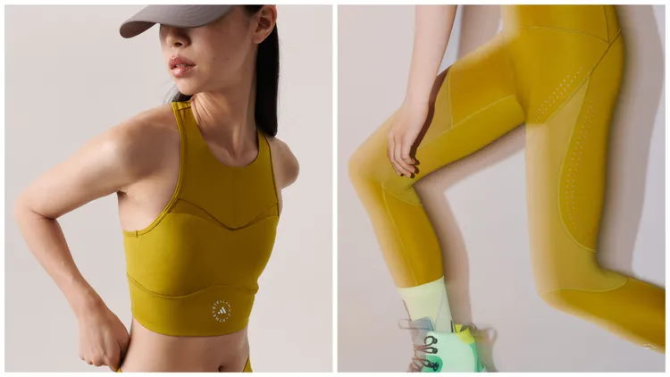 削肩運動內衣與網紗拼接緊身運動褲打造出透氣運動穿搭。品牌提供