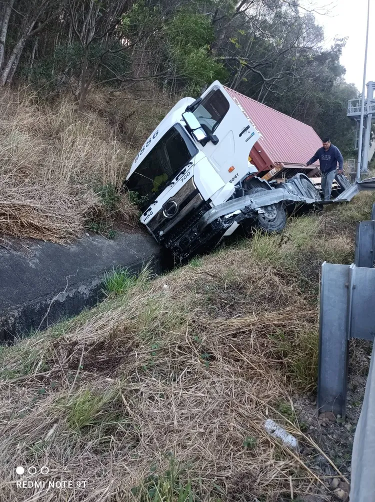 貨櫃車衝向路邊邊坡。民眾提供