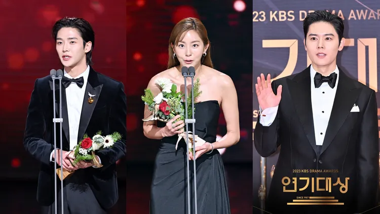 路雲（左圖起）、Uie、金桐俊拿下最優秀男女演員獎，恰巧都是偶像團體出身。翻攝KBS