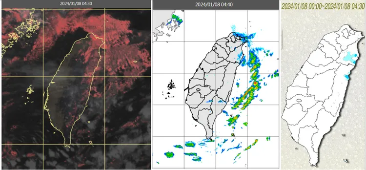 今(8日)晨4：30真實色雲圖顯示，北海岸、大台北東側及東半部有低層雲，中、南部有中高雲(左圖)。4：40雷達回波合成圖顯示，伴隨降水回波很零星(中圖)。4：30累積雨量圖顯示，東半部零星飄雨(右圖)。取自氣象應用推廣基金會