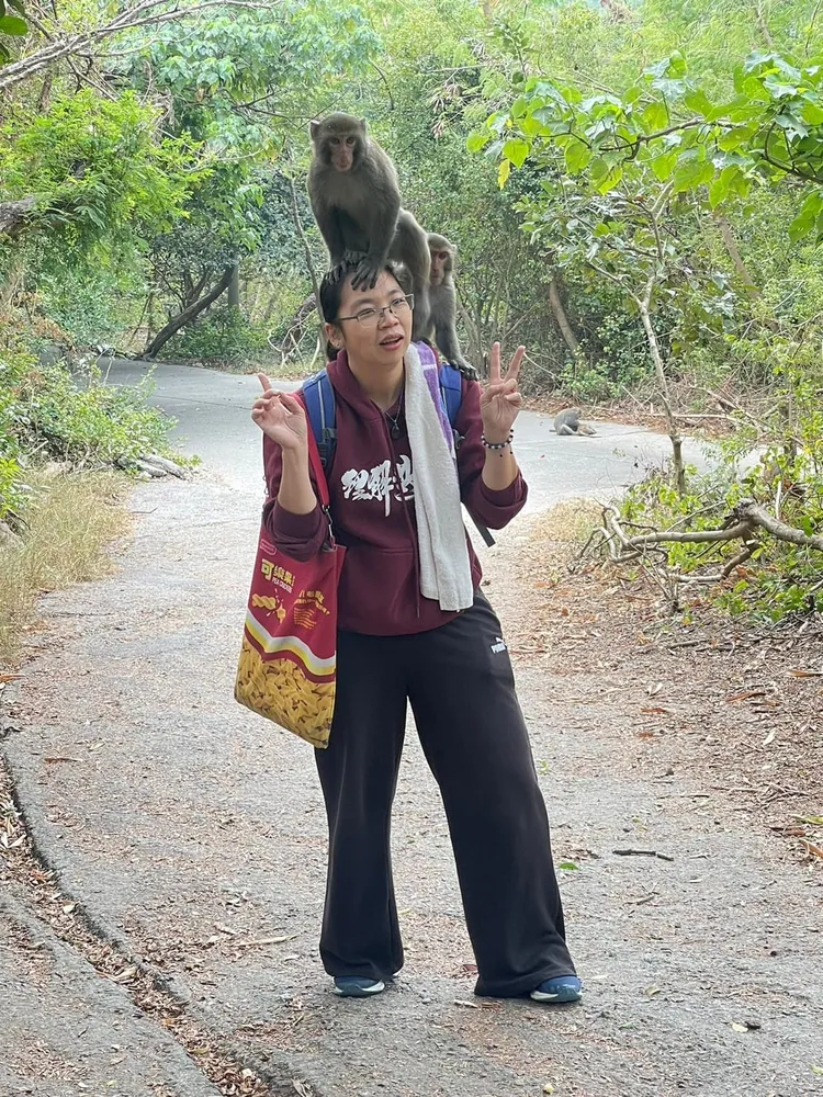 林美吟說，猴子若跳上肩、頭，只要往前走，猴子自然會「下車」。台灣獼猴共存推廣協會提供