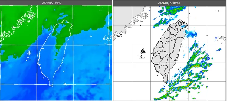 今(27日)晨4：40紅外線色調強化雲圖顯示，迎風面及海峽北部有零散雲層(左圖)。4：40雷達回波合成圖顯示，降水回波大多在海上(右圖)。取自氣象應用推廣基金會