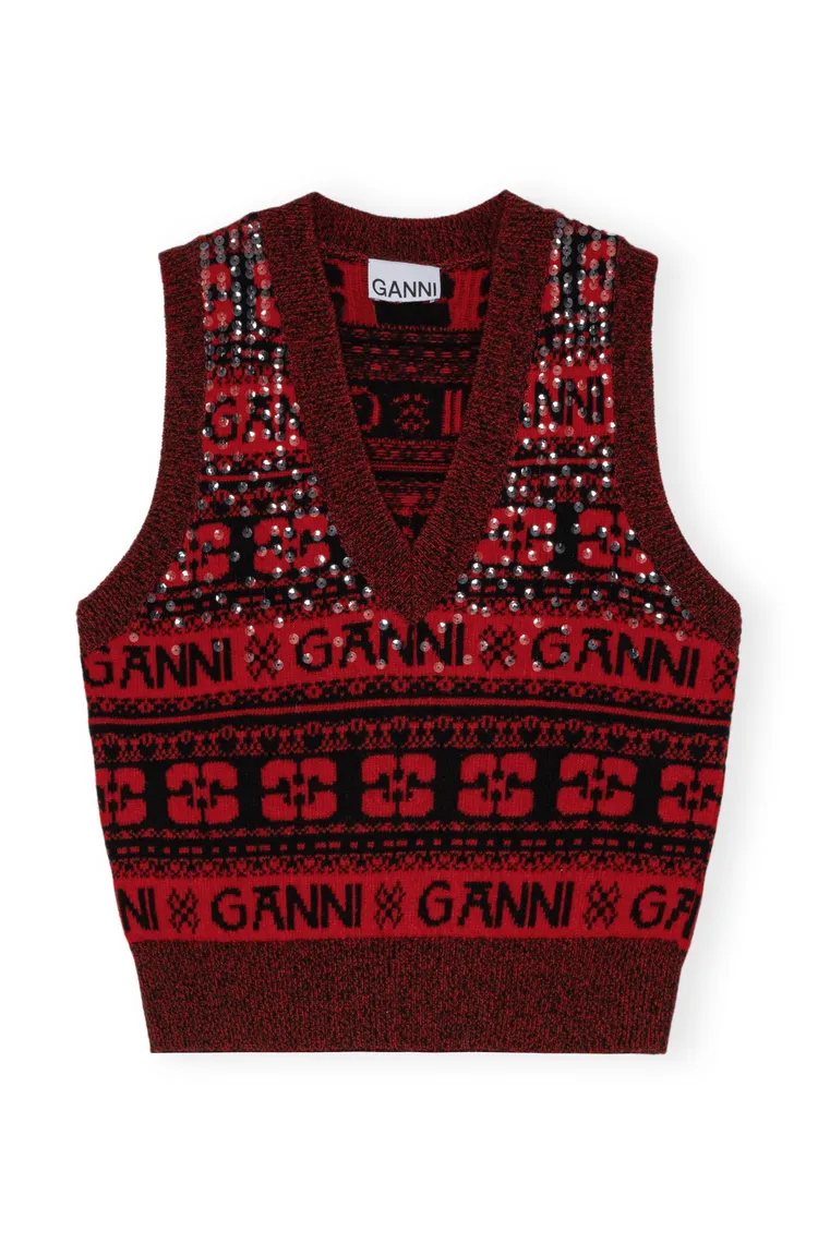 蝴蝶LOGO針織背心（緋紅），9800元。品牌提供