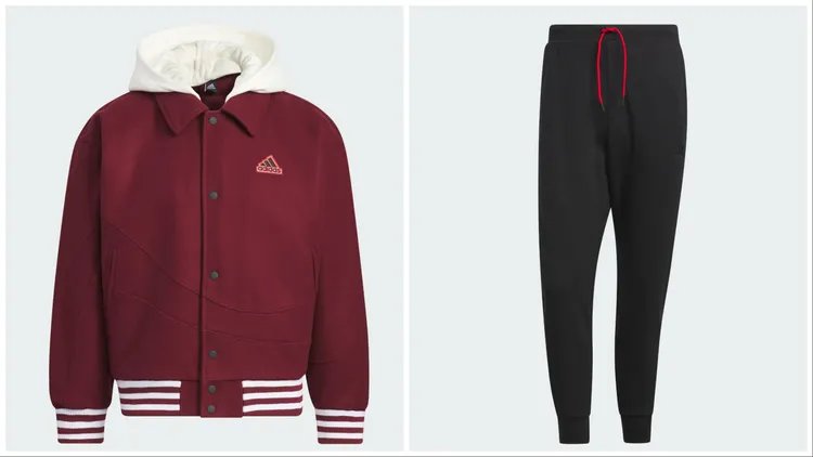 連帽棒球外套（左）4690元、抽繩運動長褲（右）2090元。品牌提供