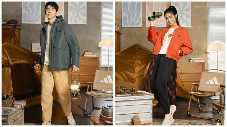 林柏宏（左）與雷嘉汭（右）換上露營穿搭。品牌提供