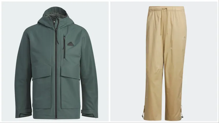 防潑水飛行外套（左）3,290元、圓領上衣（右）2090元。品牌提供