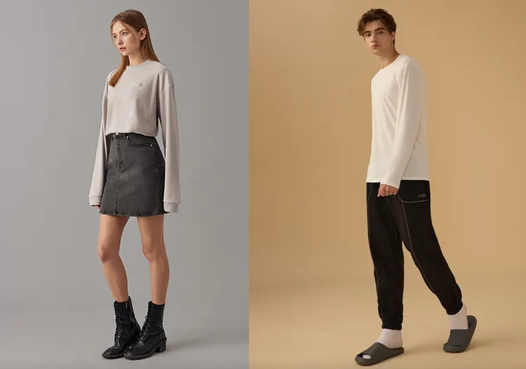 ▲必買推薦的德絨蓄熱高領立體logo長T恤(左)，版型優秀既可保暖；單穿也很好看的升溫6.53度黑科技肌底發熱衣(右)，舒適磨毛與彈性纖維，穿著溫暖舒適。