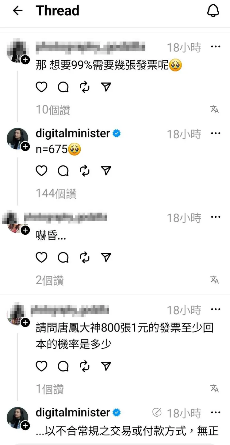 唐鳳說，計算得知675張發票，可以達到發票中獎率99%。翻攝自threads