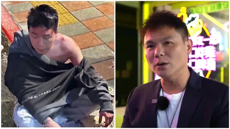 Toyz（左）被超哥痛毆倒地，頭破血流。左圖翻攝自林男臉書，右圖翻攝超派人生YT