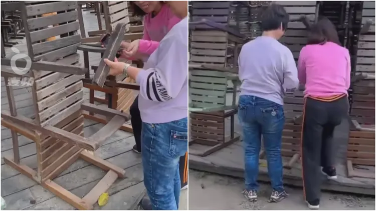 踩踏導致藝術品斷裂，大嬸拿著掉落零件不知所措。翻攝自臉書「爆料公社二社」