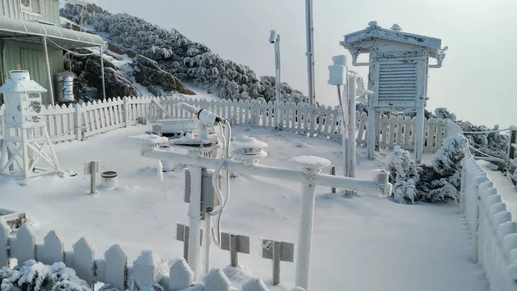 玉山北峰氣象照雪景。中央氣象署提供
