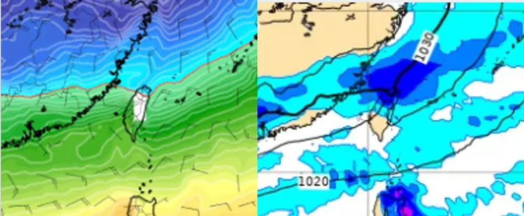 最新(18日20時)歐洲(ECMWF)模式模擬23日8時850百帕圖顯示(左圖)，平地最低氣溫可降至6度以下；模擬23日8時地面氣壓及降水圖顯示(右圖)，北部、東半部及中部山區有局部雨。