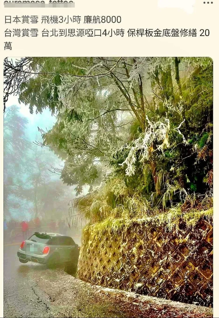 網路瘋傳疑似有民眾為追雪，下坡時發生卡溝意外。取自爆廢公社2館
