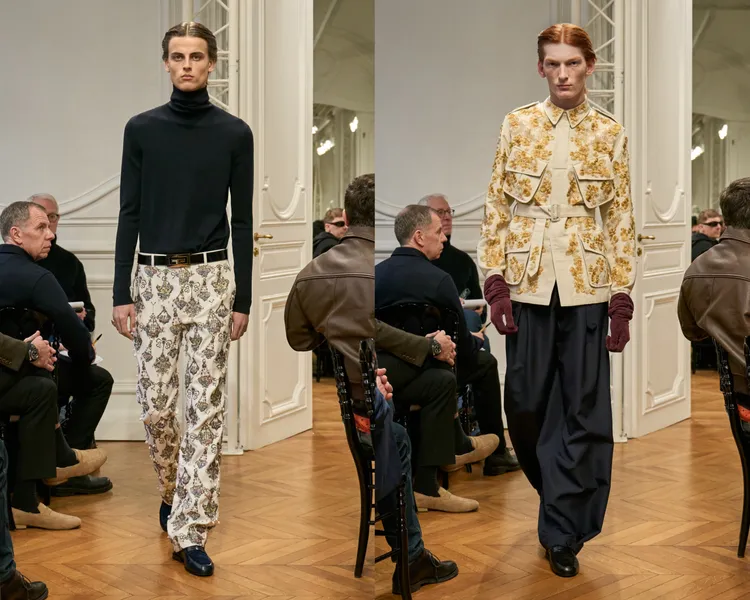 Hubert de Givenchy過往設計的華麗水晶吊燈圖案，幻化為由水晶和珍珠交錯點綴而成的金屬色刺繡。品牌提供