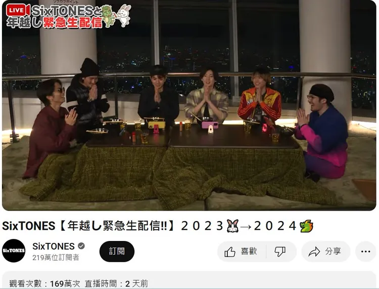 SixTONES跨年夜直播，至1月3日中午累積觀看數169萬次。翻攝SixTONES_official YouTube