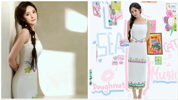 楊冪的塗鴉禮服是由孤獨症兒童親手繪製。翻攝楊冪工作室微博