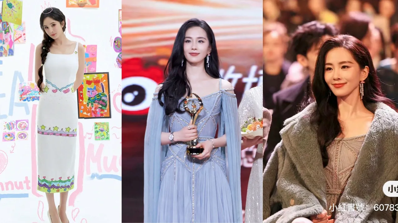 楊冪（左）、劉詩詩（中、右）出席微博之夜。左圖翻攝楊冪工作室微博、中圖翻攝劉詩詩工作室微博、右圖翻攝Suyi穿搭手冊小紅書