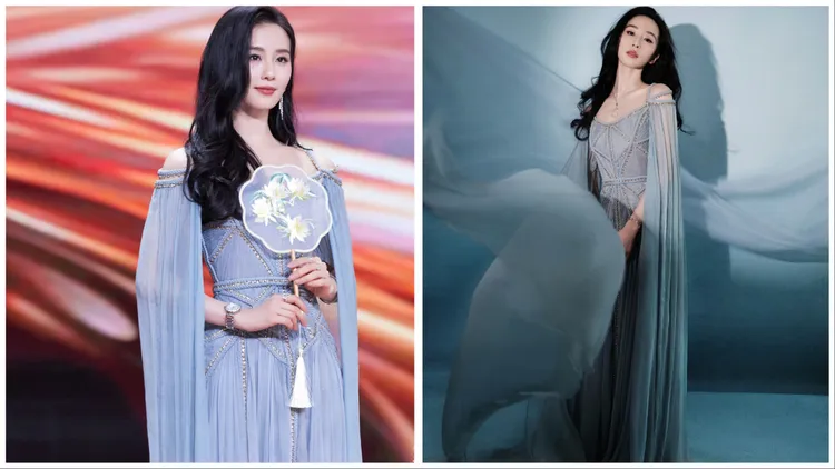 劉詩詩灰藍色禮服出自黎巴嫩超奢華婚紗品牌Elie Saab。翻攝劉詩詩工作室微博