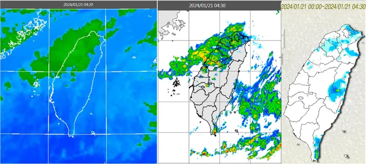 今(21日)晨4：20紅外線色調強化雲圖顯示，中部以北雲層多(左圖)。4：30雷達回波合成圖顯示，雲層伴隨弱降水回波(中圖)。4：30累積雨量圖顯示，台中以北及東半部有降雨(右圖)。取自氣象應用推廣基金會